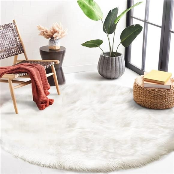 White Round Rugs 6ft Circle Faux Fur Sheepskin Living Room Fluffy Washable Rug - Picture 3 of 6